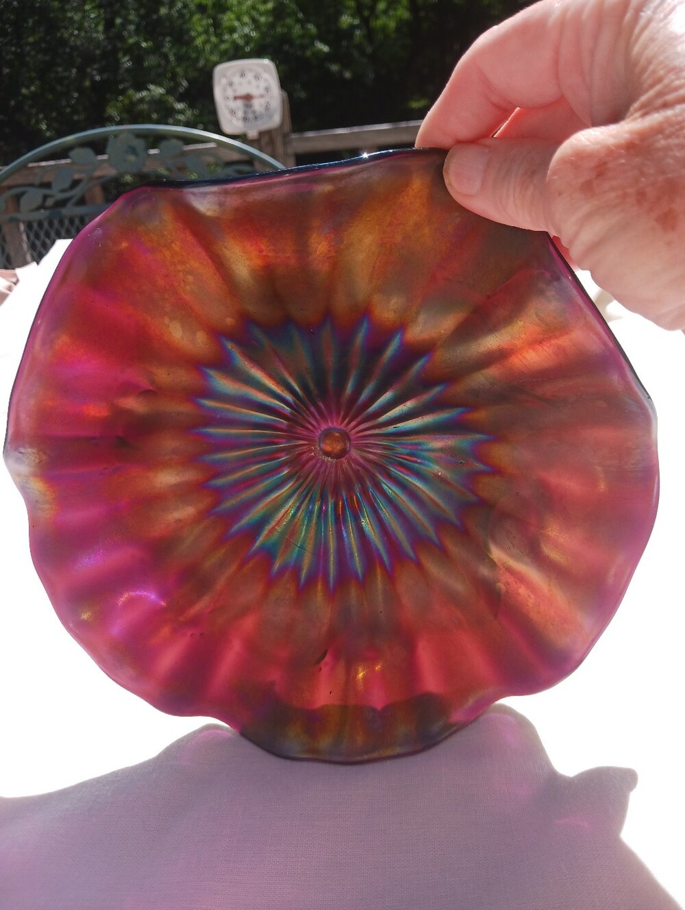 Norwood Stippled Ray Amethyst Carnival Glass Dish